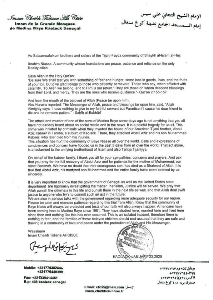Après le décès de Mohamed Cissé : La lettre de condoléances de l'Imam de la grande mosquée de Médina Baye à la communauté islamique et surtout aux talibés américains.