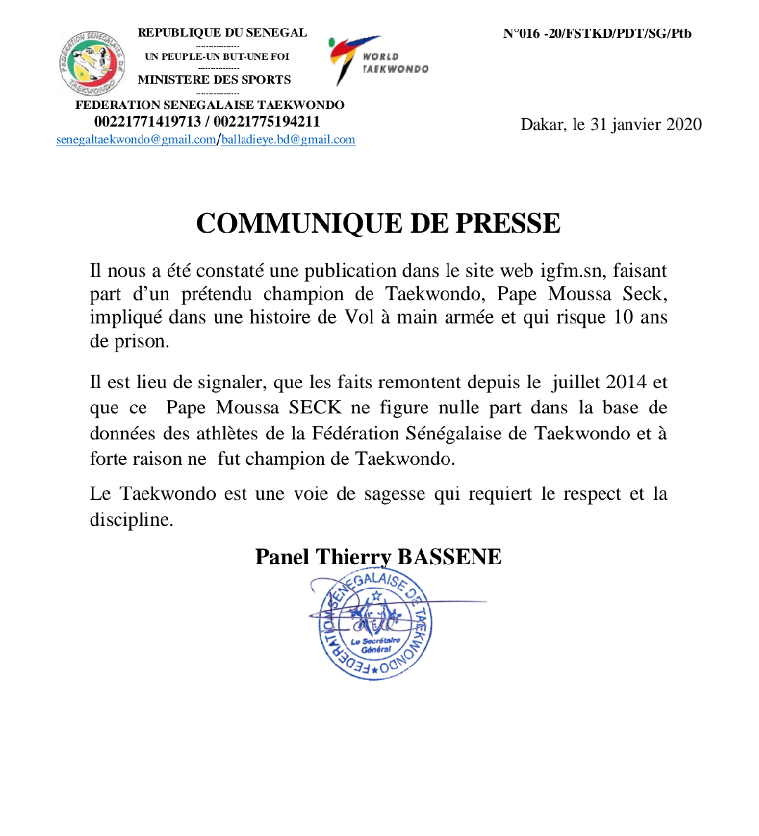 Taekwondo : La fédération "rejette" le soi-disant champion, Pape Moussa Seck, impliqué dans une affaire de vol à main armée (Document)