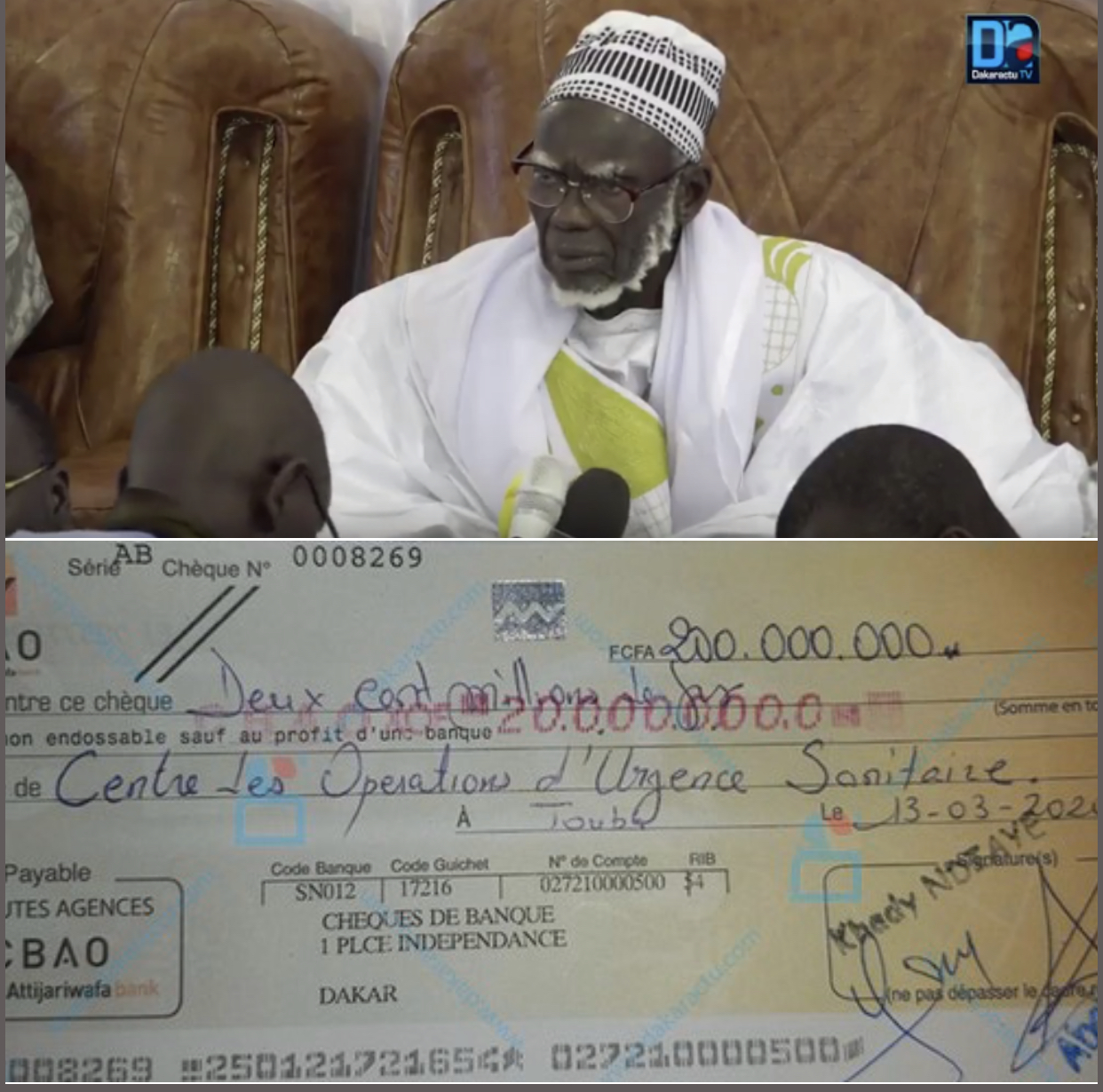 EXCLUSIF/ Coronavirus : Voici le chèque de 200 millions F cfa de Serigne Mountakha libellé à l'ordre de l’Etat.