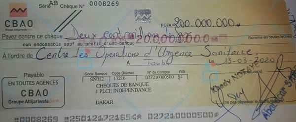 EXCLUSIF/ Coronavirus : Voici le chèque de 200 millions F cfa de Serigne Mountakha libellé à l'ordre de l’Etat.
