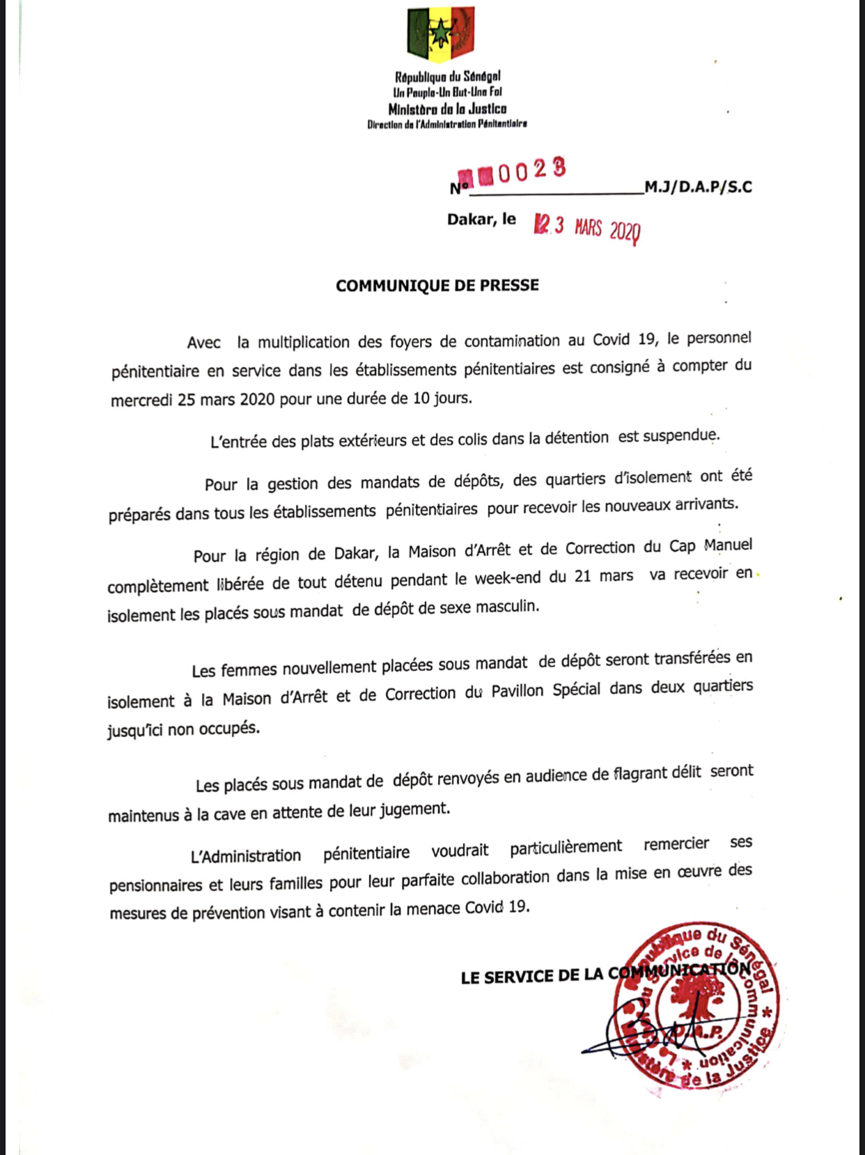 Lutte contre Covid-19 dans les établissements pénitentiaires : Confinement du personnel pour 10 jours et quartiers d’isolement pour les mis sous mandat de dépôt