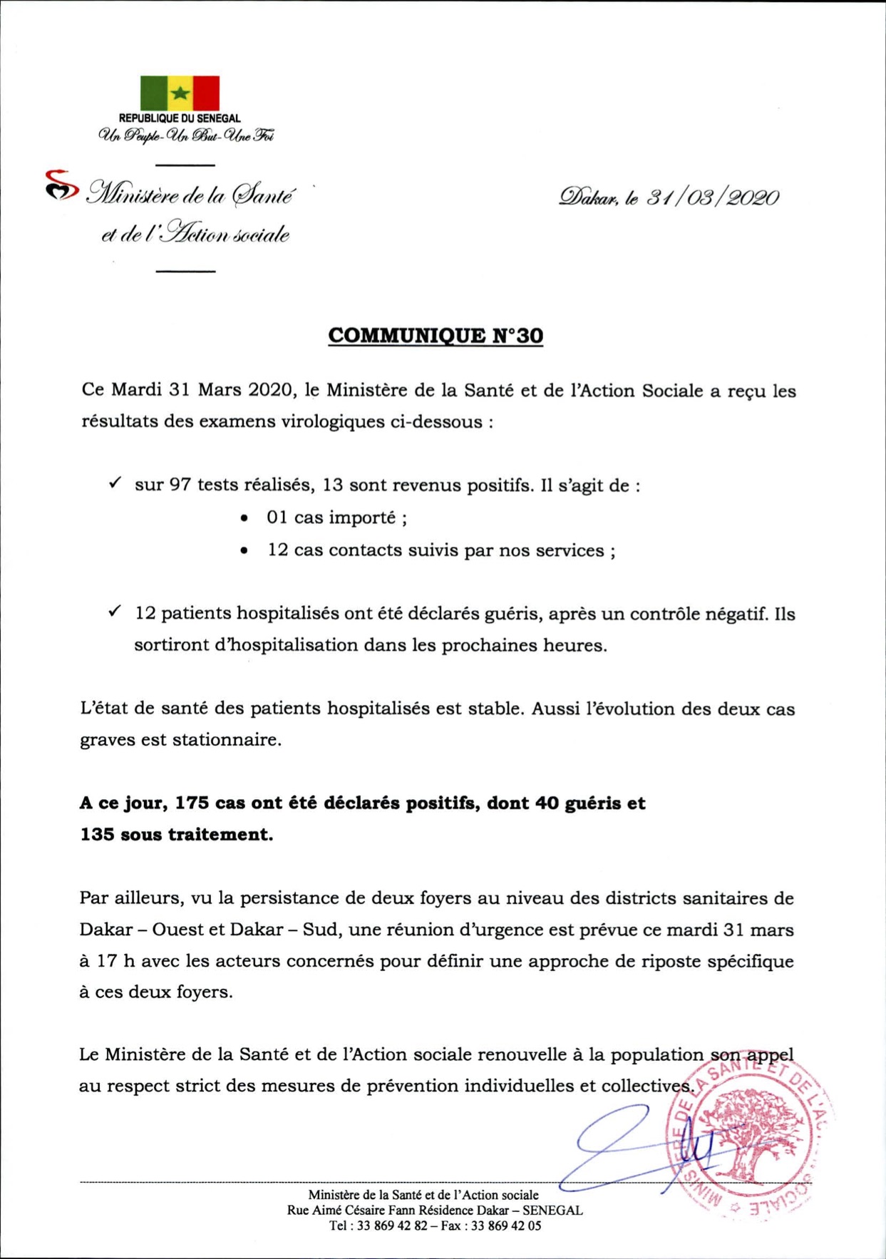 Institut Pasteur : 13 nouveaux cas testés positifs au coronavirus, 12 nouveaux guéris.