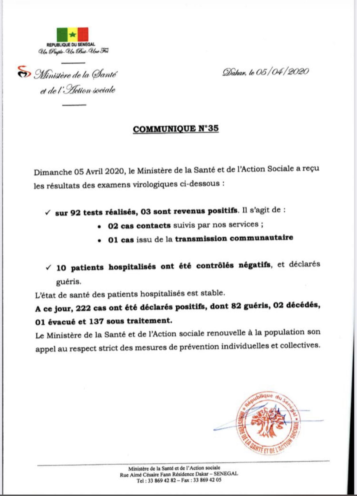 Institut Pasteur : 3 nouveaux cas testés positifs au coronavirus, 10 nouveaux guéris.