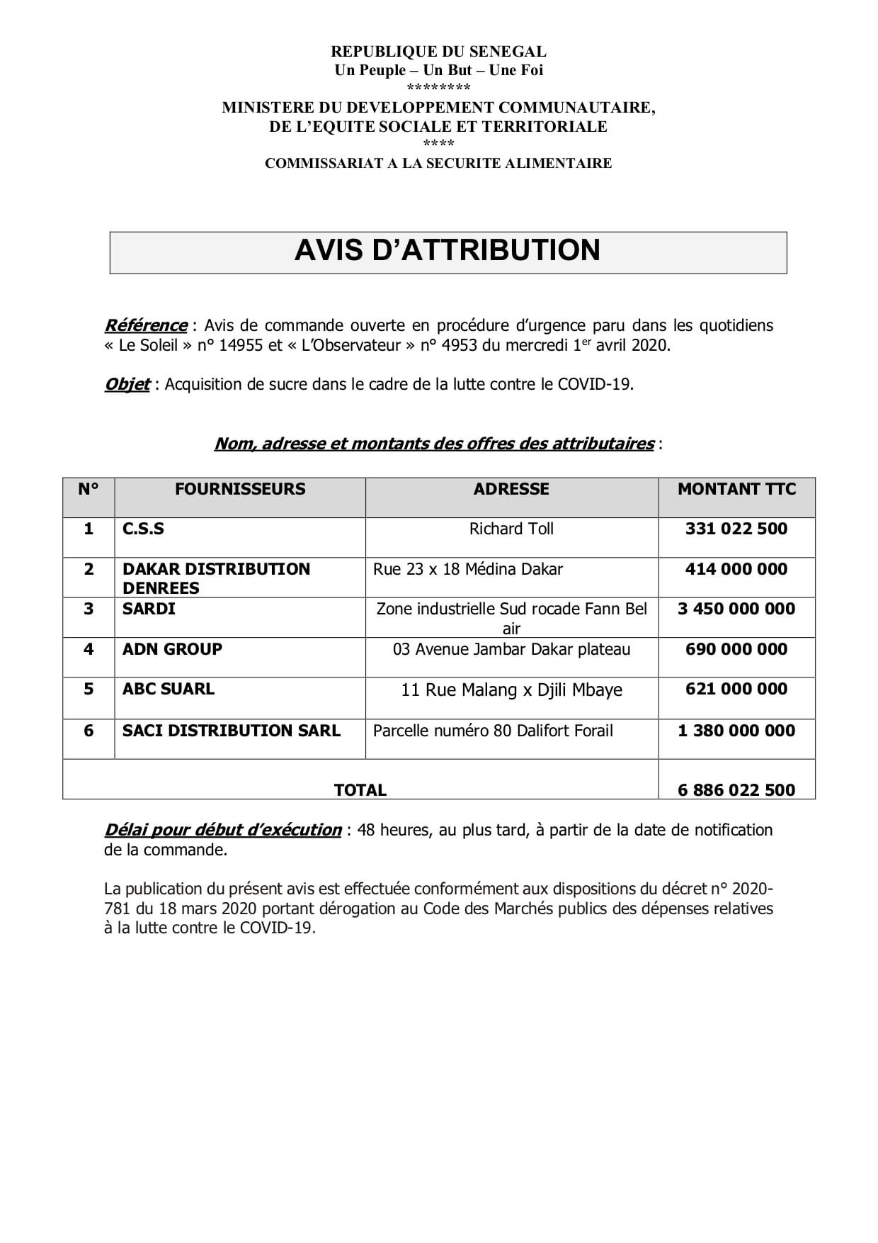 AIDE ALIMENTAIRE : Voici l’attribution des marchés du sucre et de l’huile.