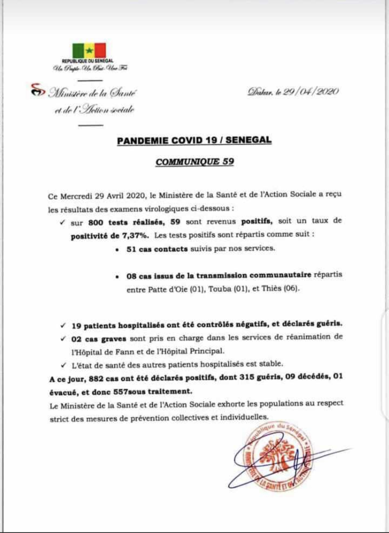SÉNÉGAL : 59 nouveaux cas testés positifs au coronavirus, 19 nouveau guéris et deux nouveaux cas graves. 