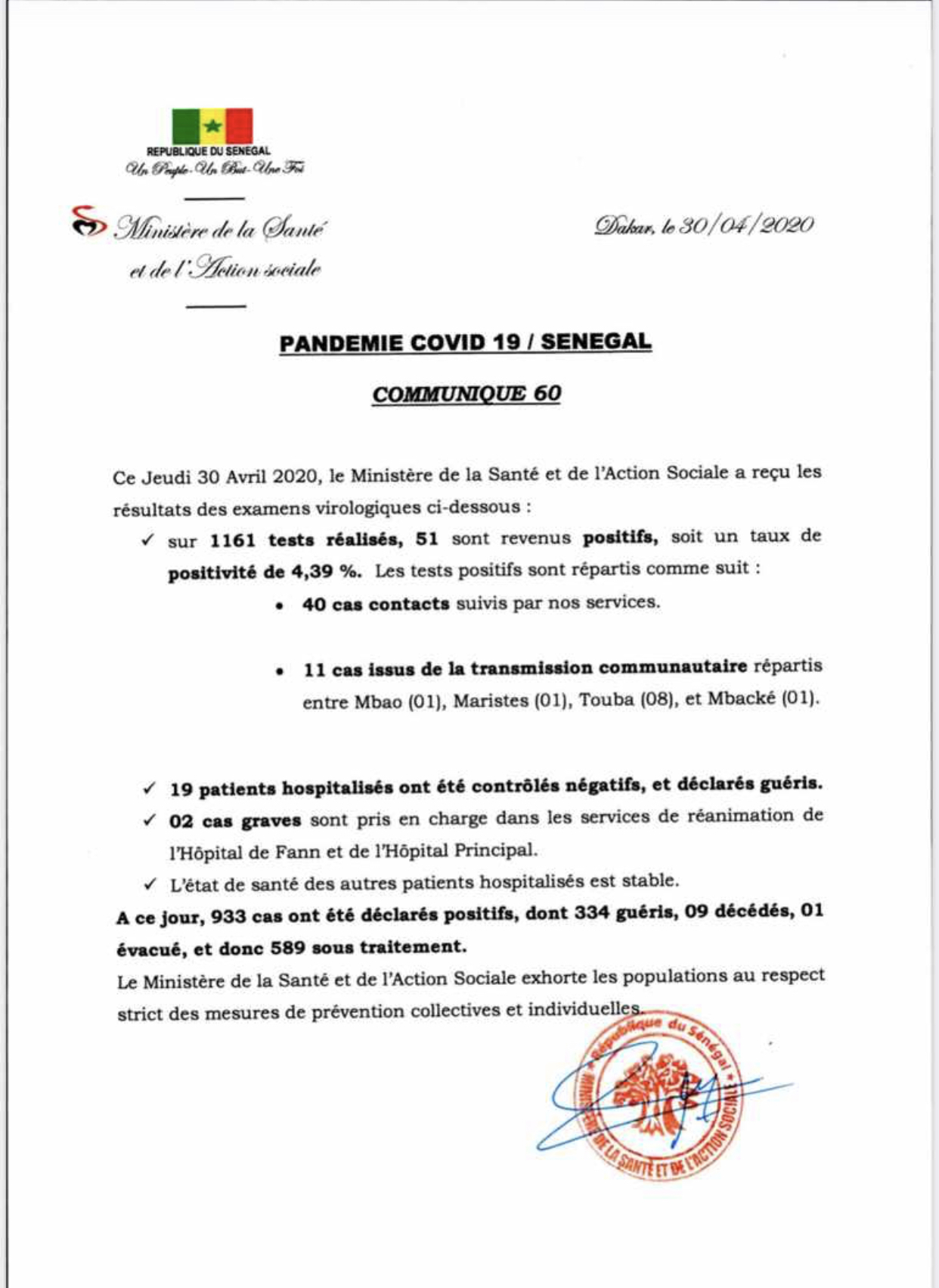 SÉNÉGAL : 51 nouveaux cas testés positifs au coronavirus, 19 nouveau guéris et deux nouveaux cas graves. 