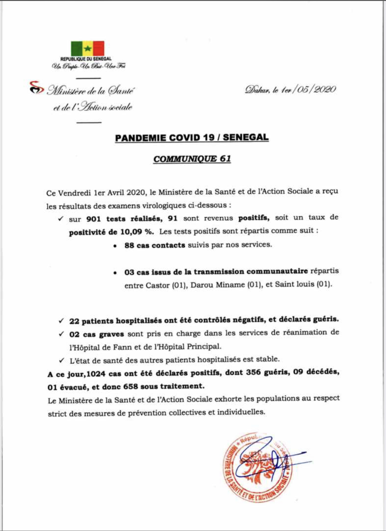 SÉNÉGAL : 91 nouveaux cas testés positifs au coronavirus, 22 nouveau guéris et deux nouveaux cas graves. 
