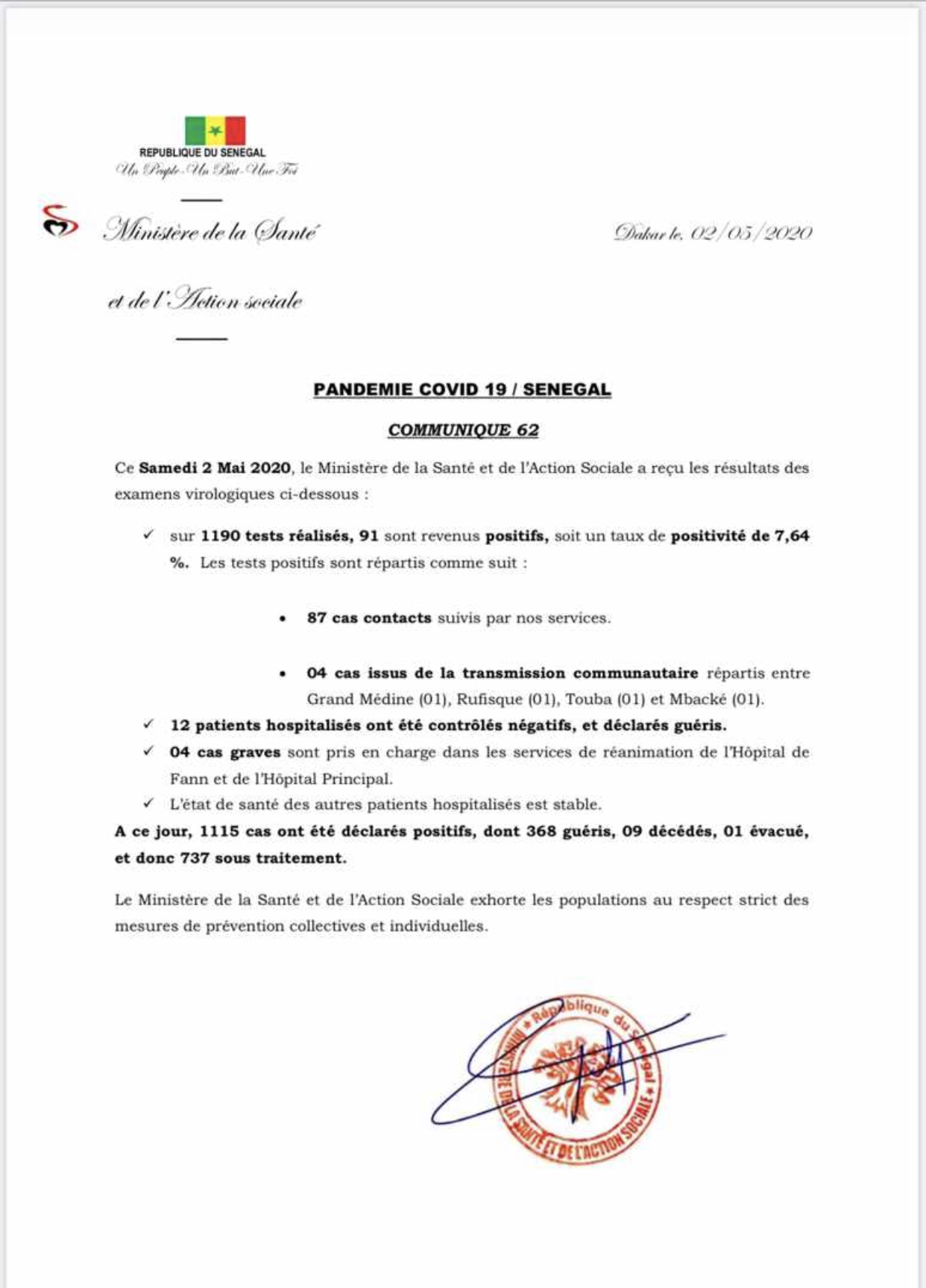 SÉNÉGAL : 91 nouveaux cas testés positifs au coronavirus, 12 nouveau guéris et 4 nouveaux cas graves. 