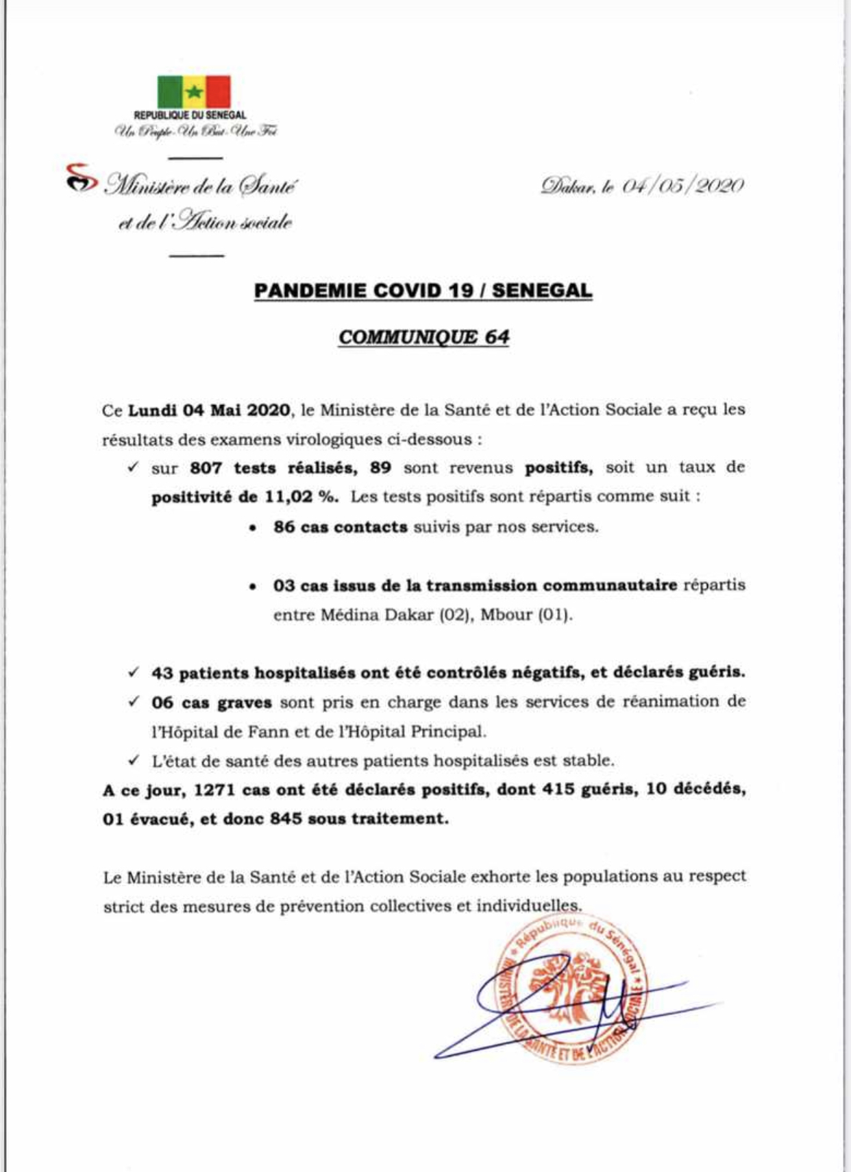 SÉNÉGAL : 89 nouveaux cas testés positifs au coronavirus, 43 nouveaux guéris, 1 nouveau décès et 6 cas graves en réanimation.