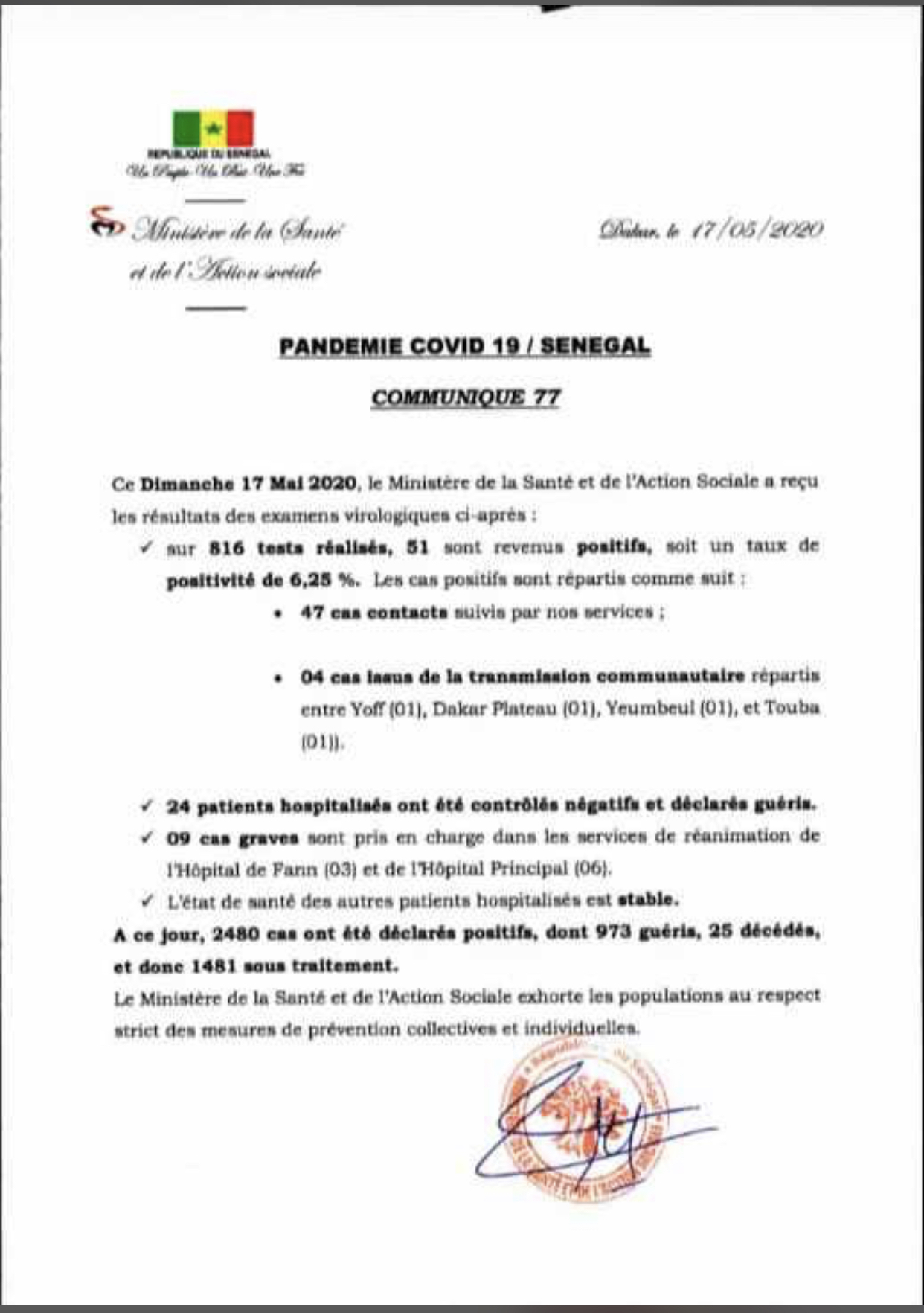 SÉNÉGAL : 51 nouveaux cas testés positifs au coronavirus, 24 nouveaux guéris et 9 cas graves en réanimation.