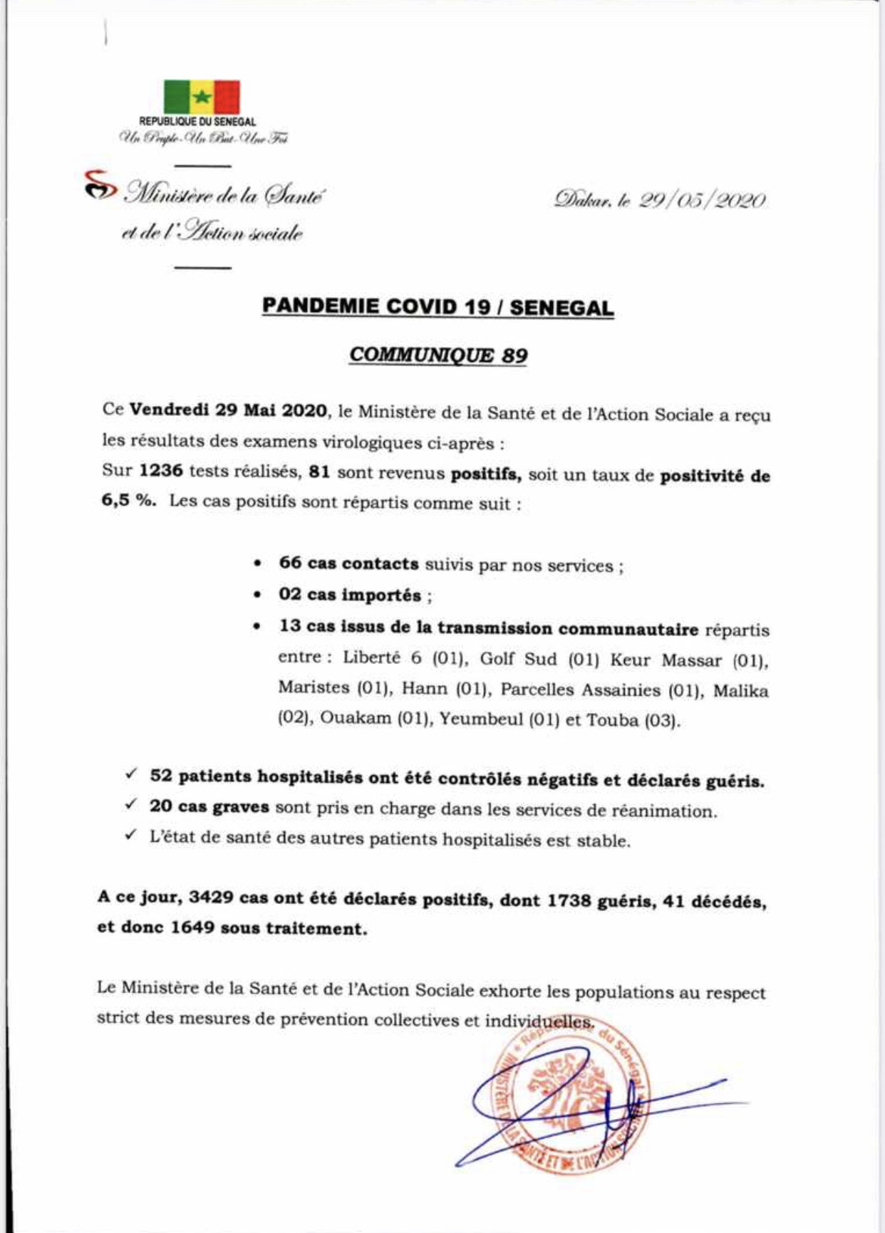 SÉNÉGAL : 81 nouveaux cas testés positifs au coronavirus, 54 nouveaux guéris et 20 cas graves en réanimation.