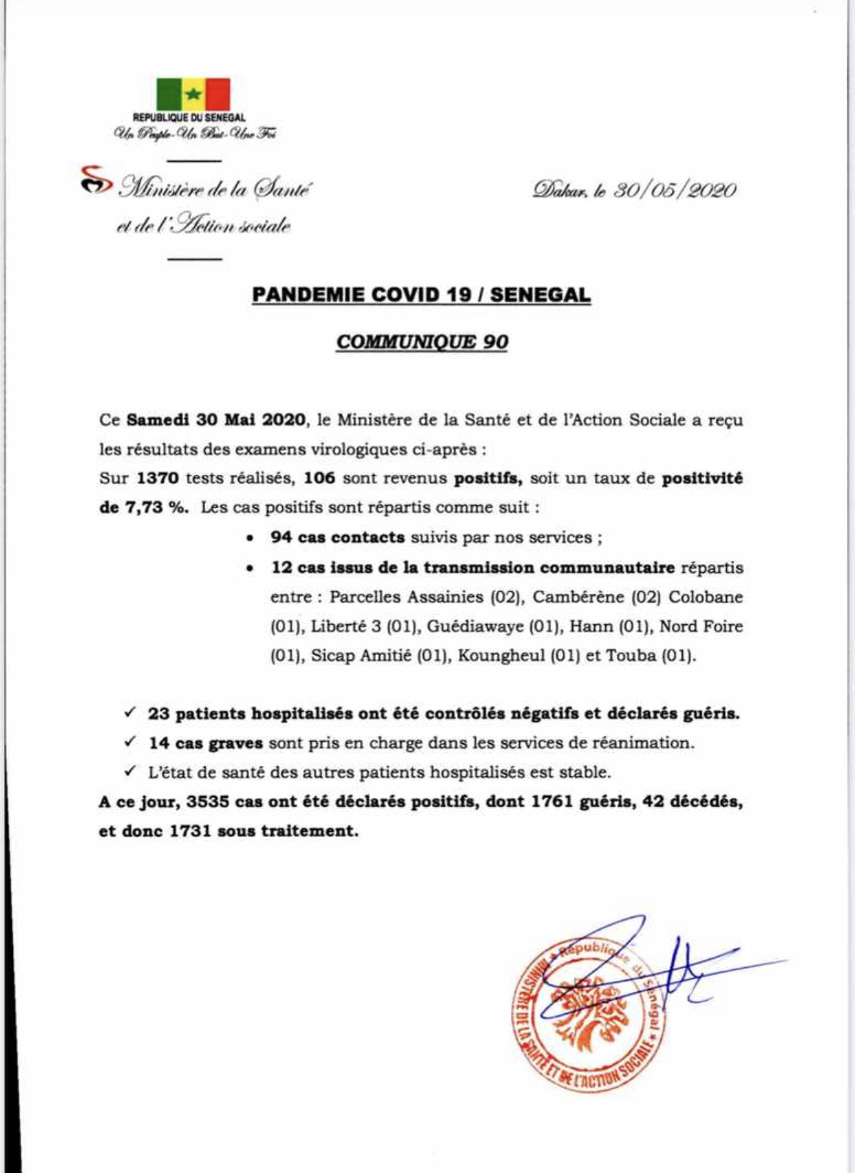 SÉNÉGAL : 106 nouveaux cas testés positifs au coronavirus, 23 ...