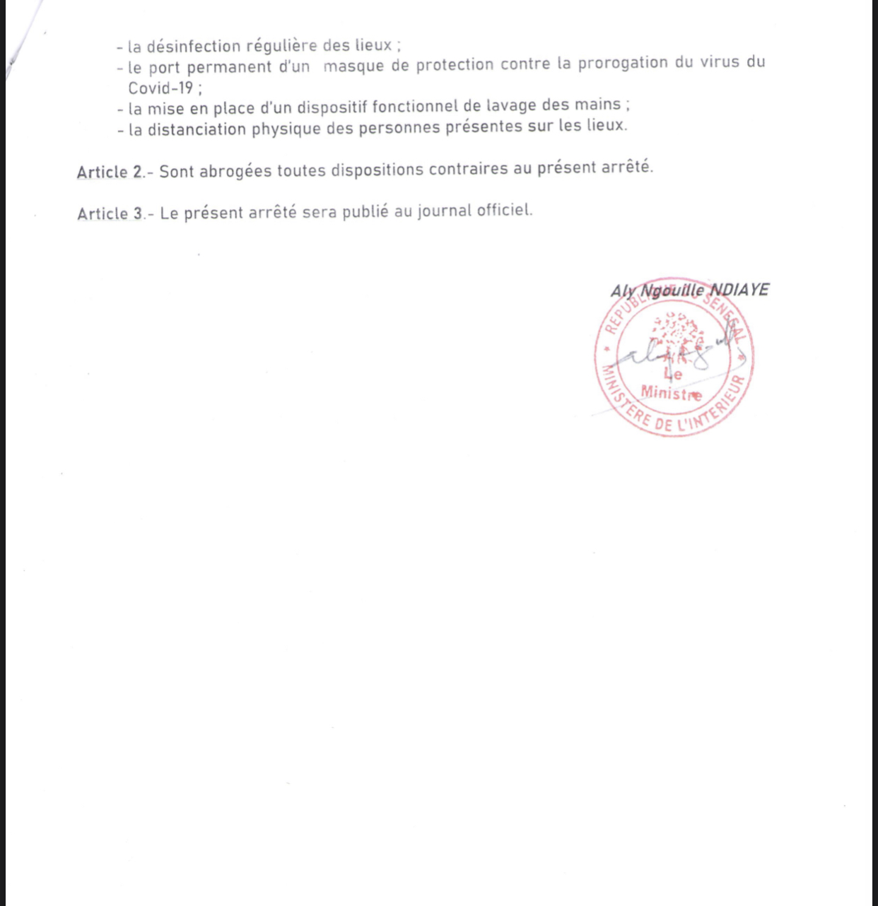 SÉNÉGAL / Assouplissement des mesures - Interdiction de rassemblements : Les arrêtés du ministre de l’intérieur . (DOCUMENT)