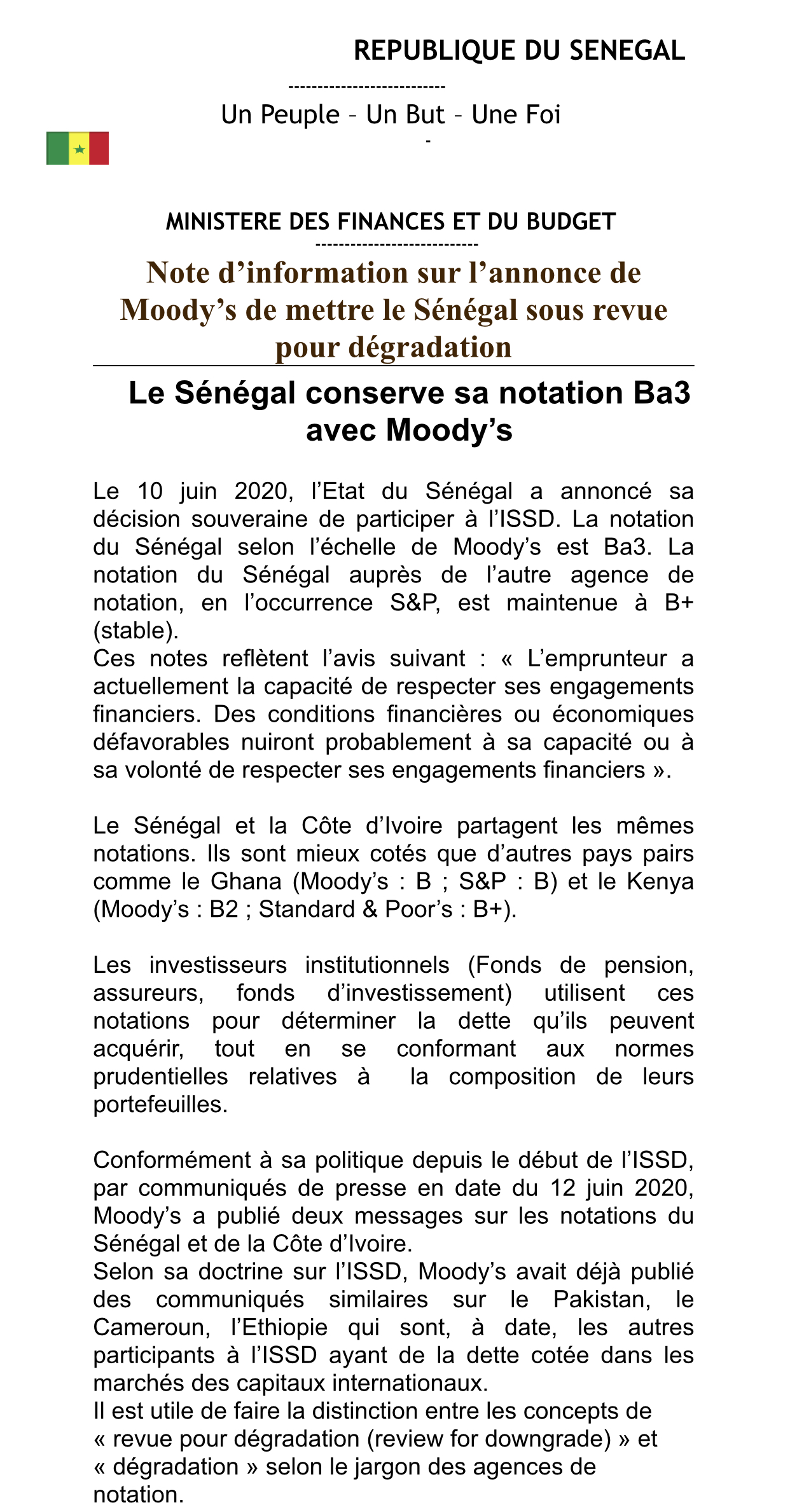 Note d’information : Les éclairages du ministère des Finances et du Budget sur l’annonce de Moody’s.