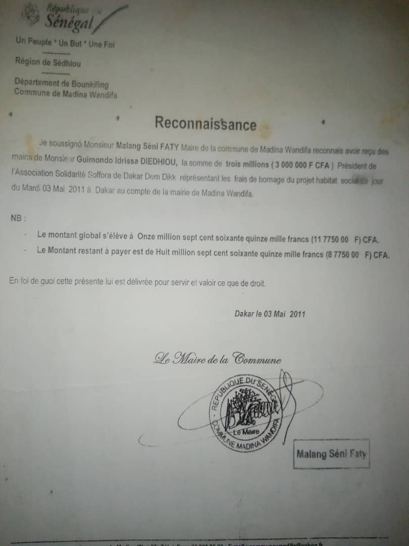 Foncier : Cette lettre de décharge contre la remise d'argent qui accable le maire de Madina Wandifa