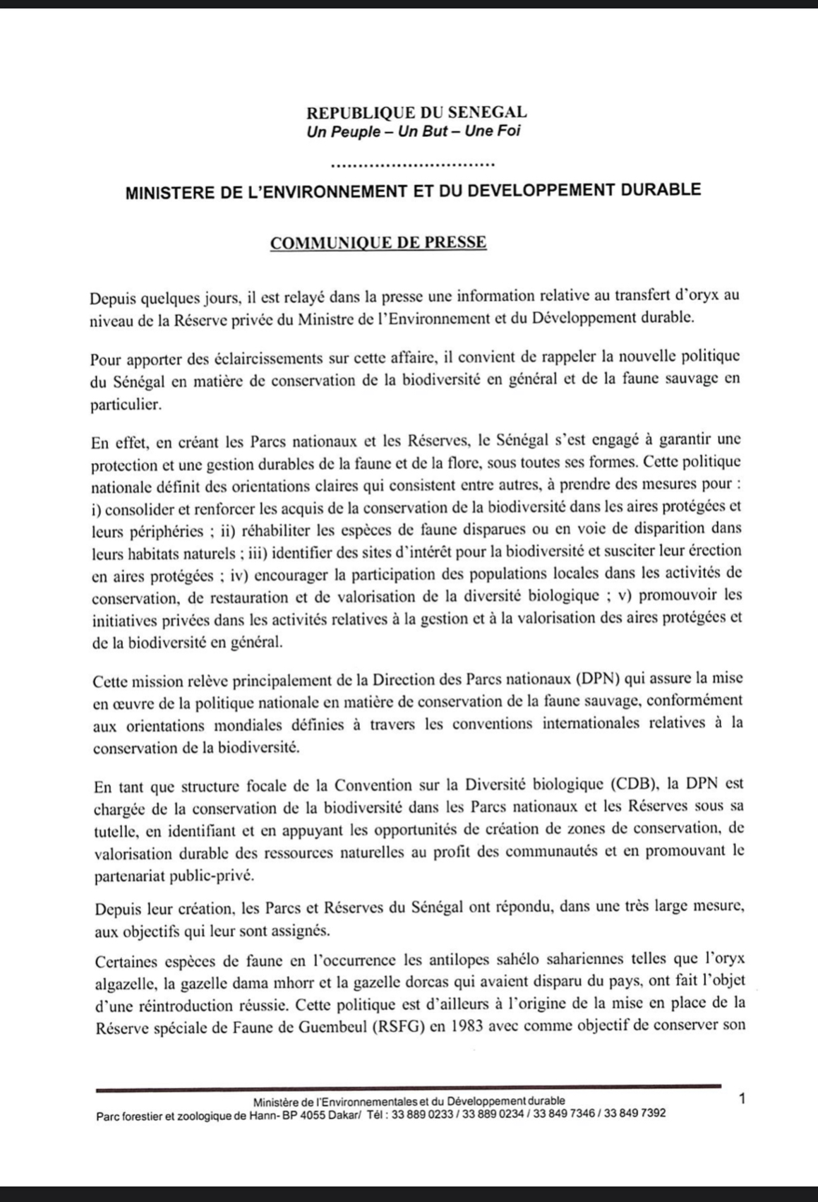 Transfert d’oryx à la réserve du ministre de l’environnement et du développement durable : Les éclaircissements de Abdou Karim Sall. (DOCUMENT)