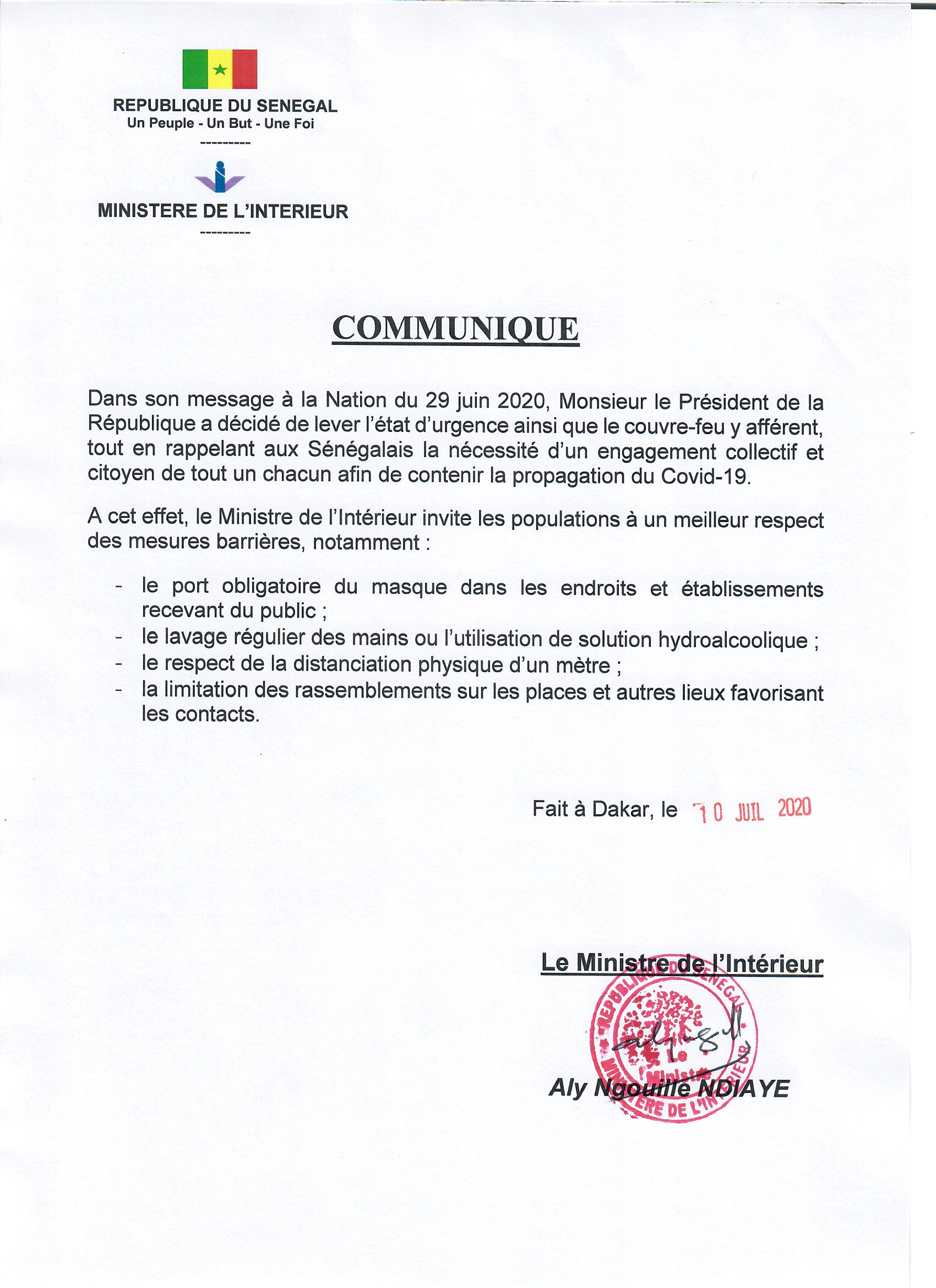 COVID-19 au Sénégal : Le ministère de l’intérieur insiste sur le respect des mesures barrières. (DOCUMENT)