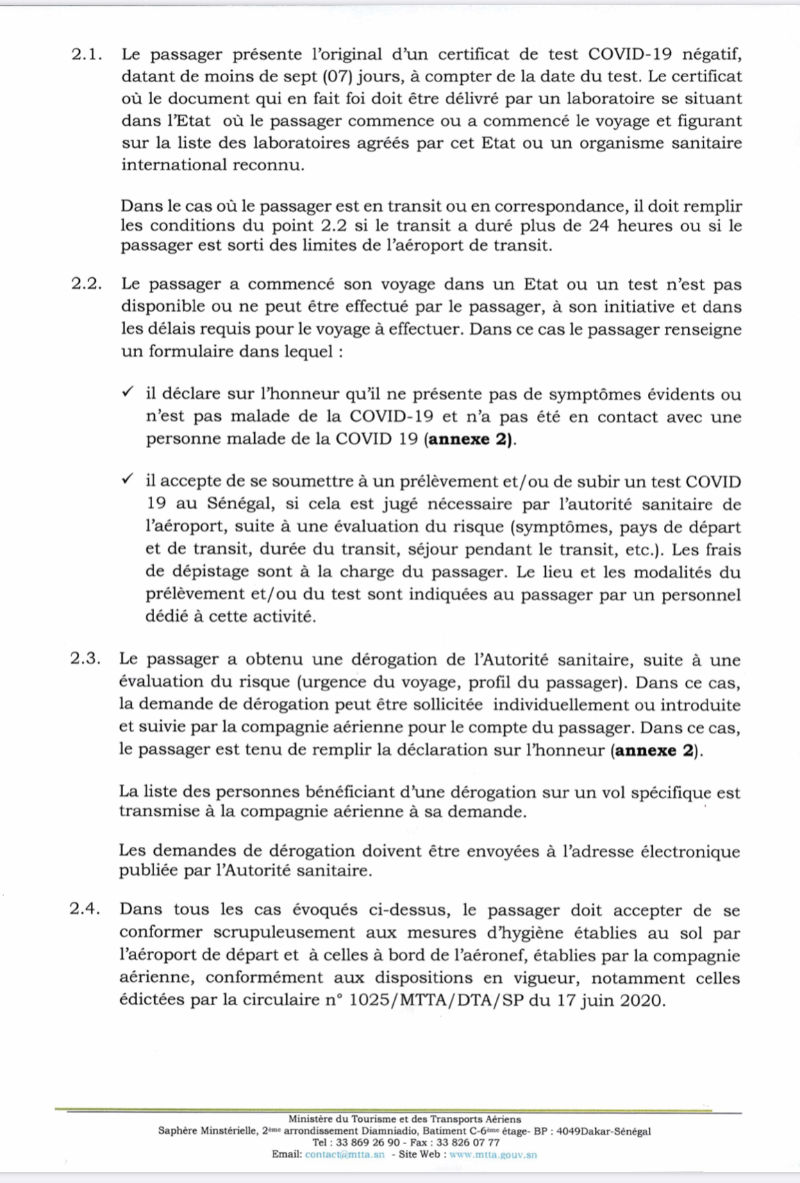 AÉROPORT : Les conditions sanitaires pour le transport aérien des passagers à destination du Sénégal. (DOCUMENTS)