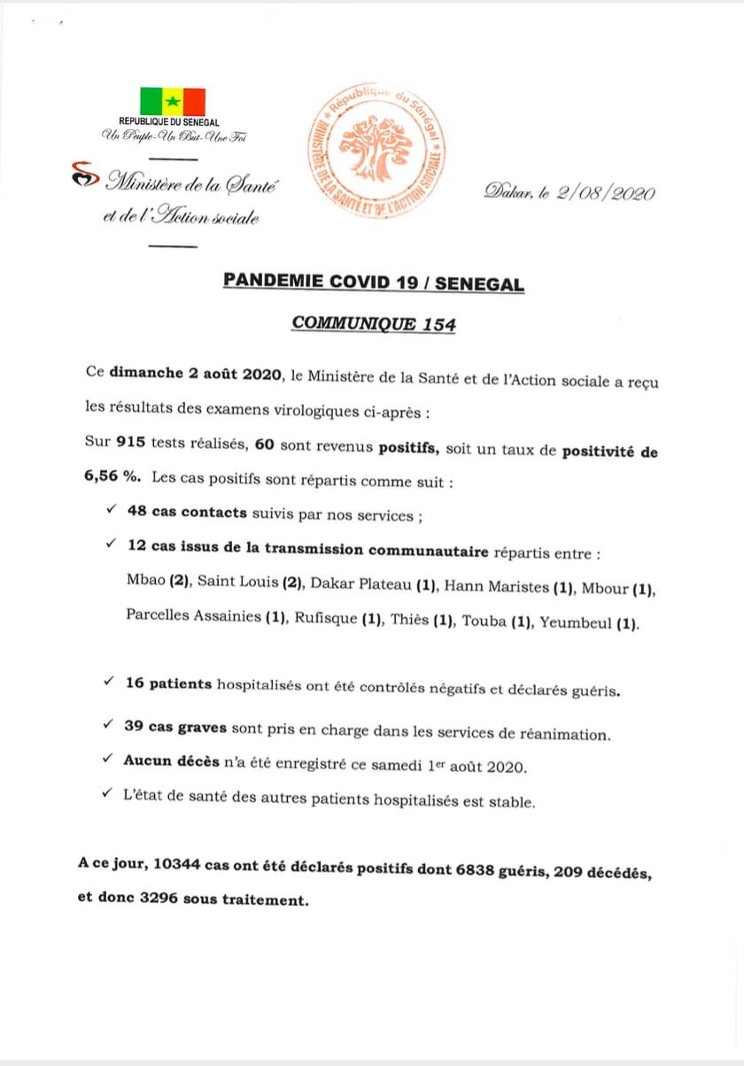 SÉNÉGAL : 60 nouveaux cas testés positifs au coronavirus, 16 nouveaux guéris, aucun décès et cas graves en réanimation.