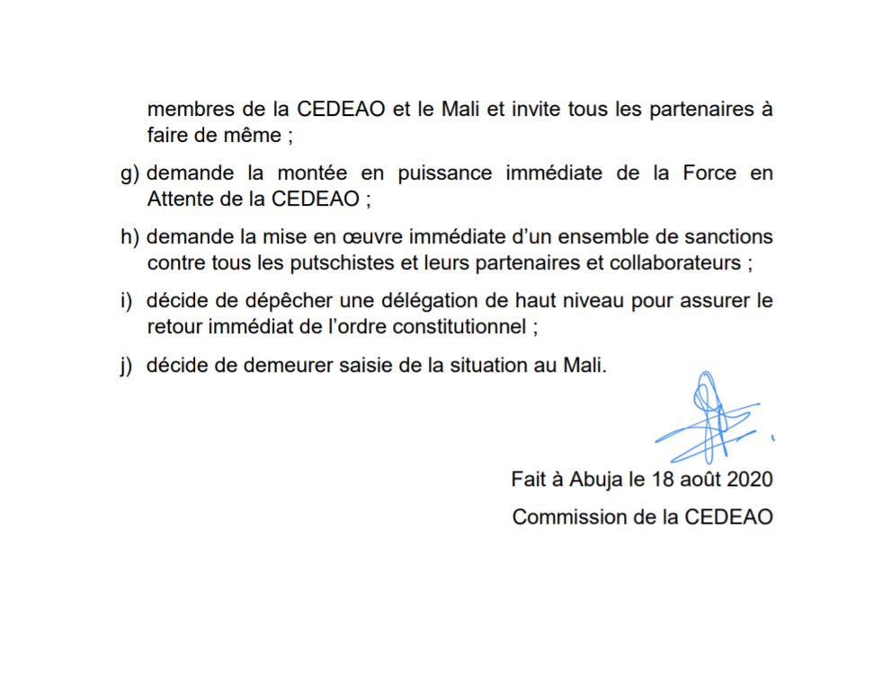 MALI : La CEDEAO condamne, sanctionne et menace... (DOCUMENT)