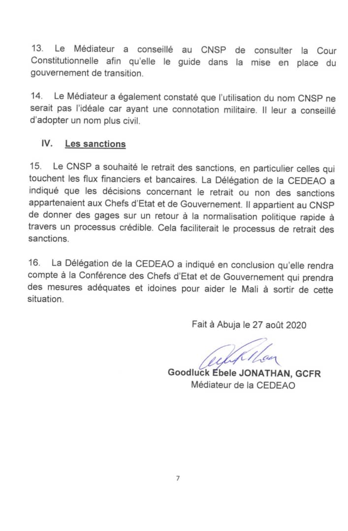 Crise au Mali : Voici le rapport de mission du médiateur de la CEDEAO Goodluck Jonathan (DOCUMENTS)
