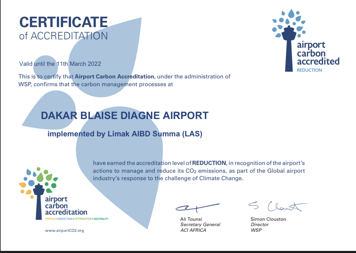 Diass : L’aéroport Dakar Blaise Diagne réduit ses émissions de carbone et décroche son certificat Airport Carbon Accreditation niveau 2.