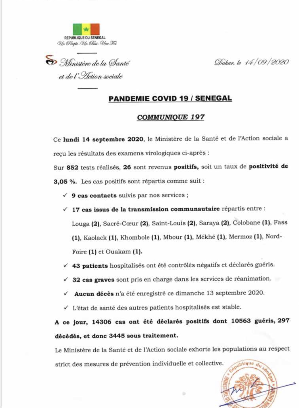 SÉNÉGAL : 26 nouveaux cas testés positifs au coronavirus, 43 nouveaux guéris, aucun nouveau décès et 32 cas graves en réanimation.