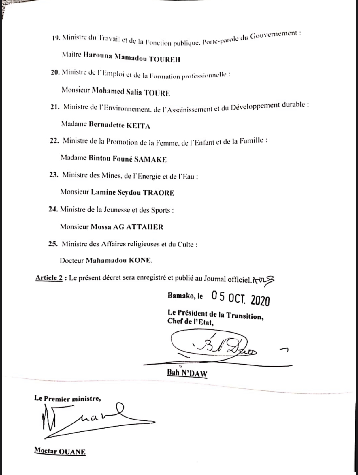 MALI : Le président de la transition Bah Ndaw nomme un nouveau Gouvernement. (DOCUMENT/LISTE)