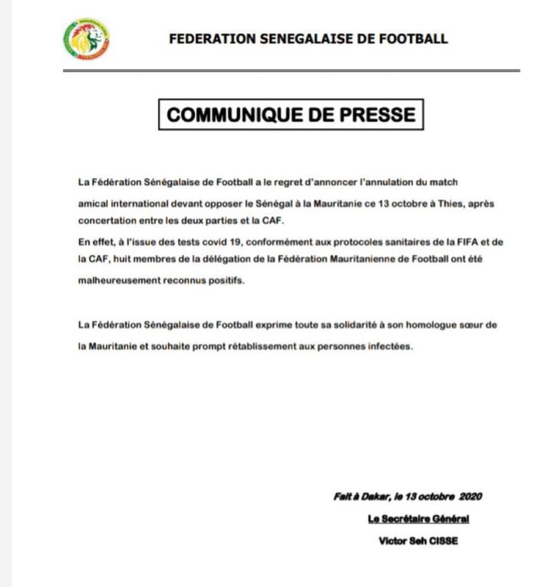 Amical Sénégal - Mauritanie : Le match annulé, huit membres de la délégation mauritanienne testés positifs au Coronavirus.