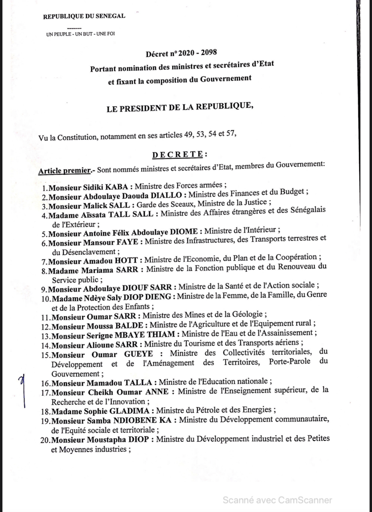 SÉNÉGAL : Voici la liste complète des membres du nouveau Gouvernement du président Macky Sall (DOCUMENT)