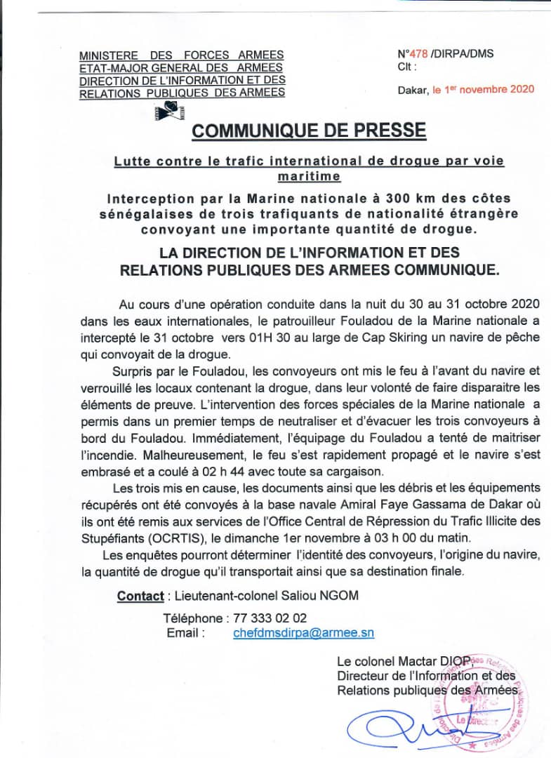 Trafic international de drogue par voie maritime : La Marine nationale arrête 3 personnes. (DOCUMENT)