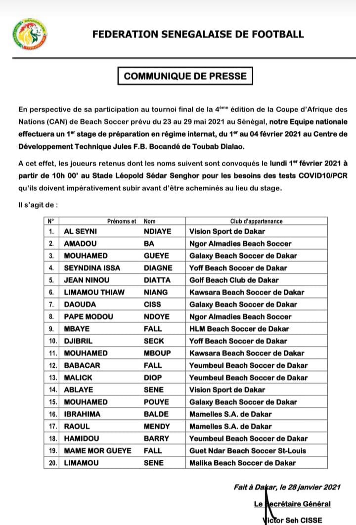 Beach Soccer / Stage de préparation CAN 2021 : Ngalla Sylla et ses 20 « Lions » en régime internat.