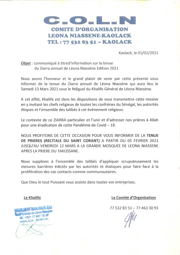 Léona Niassène : La cité religieuse décide du non report de la ziarra annuelle prévue le 13 mars prochain (Communiqué).