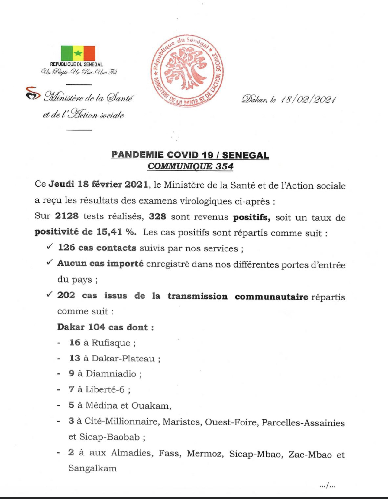 SÉNÉGAL : 328 nouveaux cas testés positifs au coronavirus, 268 nouveaux guéris, 12 nouveaux décès et 57 cas graves en réanimation.