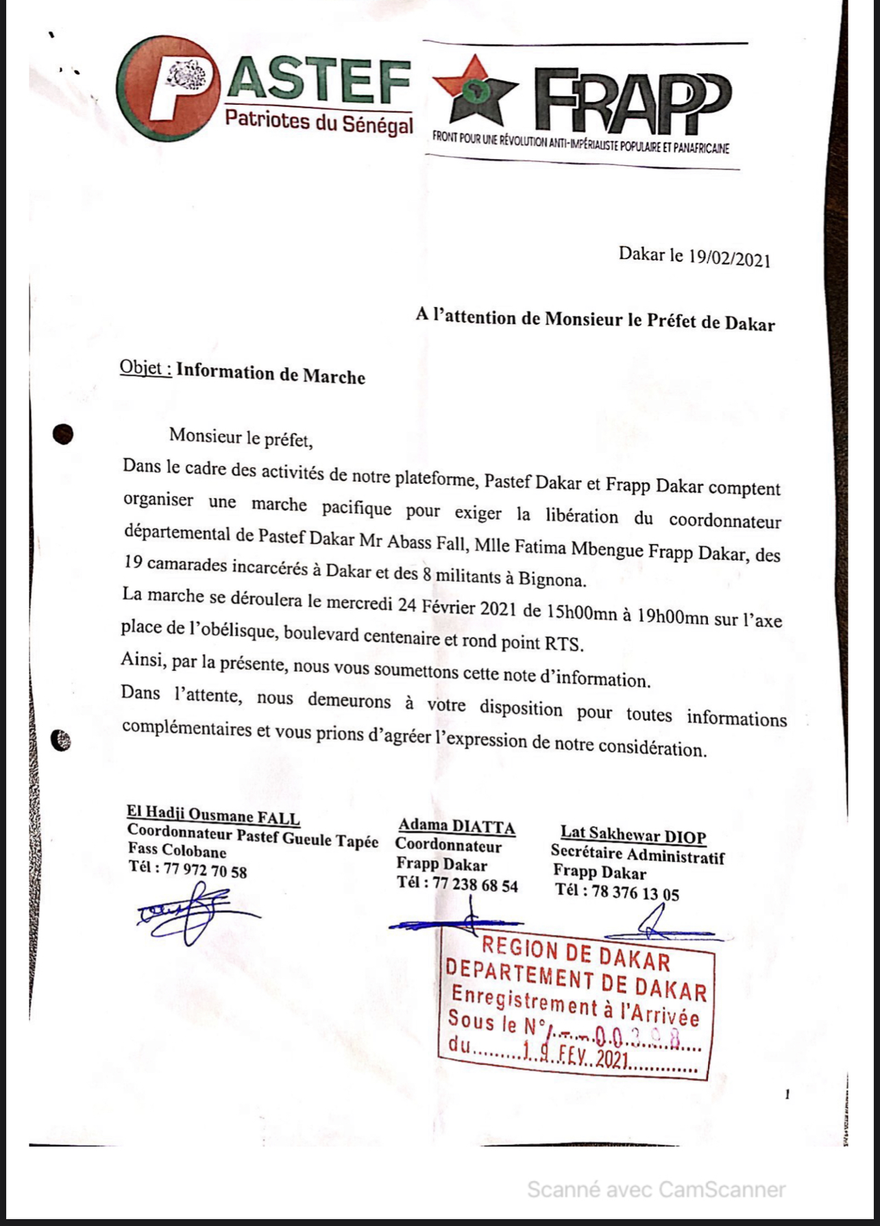 Marche de Pastef et de Frapp demain à la place de la Nation : Le préfet de Dakar rappelle l’irrecevabilité de la demande en cette période de pandémie où les rassemblements sont interdits. (DOCUMENTS)