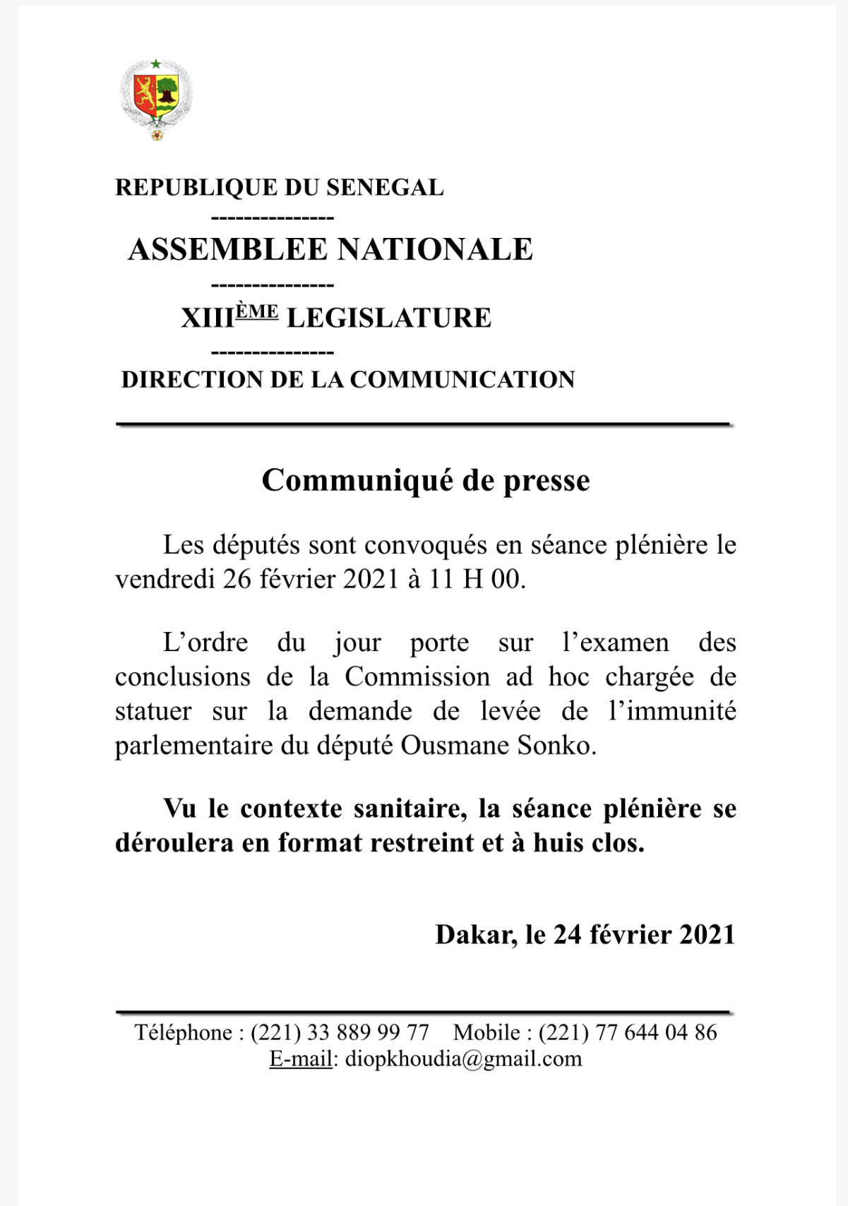 Levée de l’immunité parlementaire du député Ousmane Sonko : Les députés statuent ce vendredi.