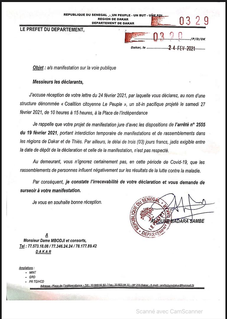PLACE DE L’INDÉPENDANCE : Le préfet de Dakar interdit le sit-in pacifique de la Coalition Citoyenne Le Peuple. (Document)