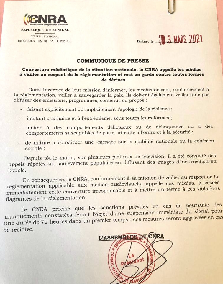 Arrestation de Ousmane Sonko : Le CNRA met en garde les télés qui appellent à l’insurrection et menace de suspendre le signal. (DOCUMENT)