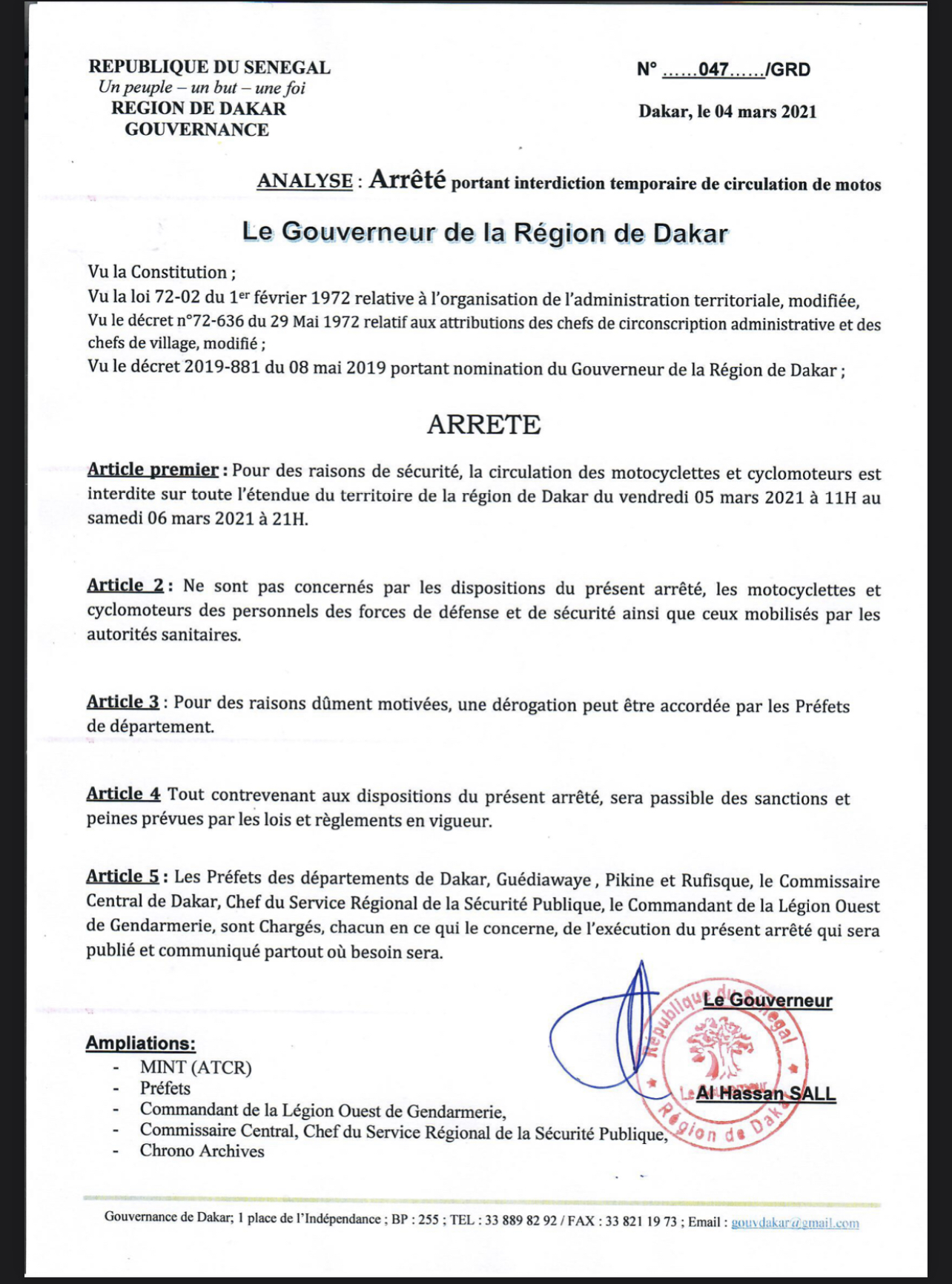 Dakar : La circulation des motocyclettes et cyclomoteurs est interdite à partir de 11 heures ce vendredi jusqu’à samedi à 21 heures. (DOCUMENTS)