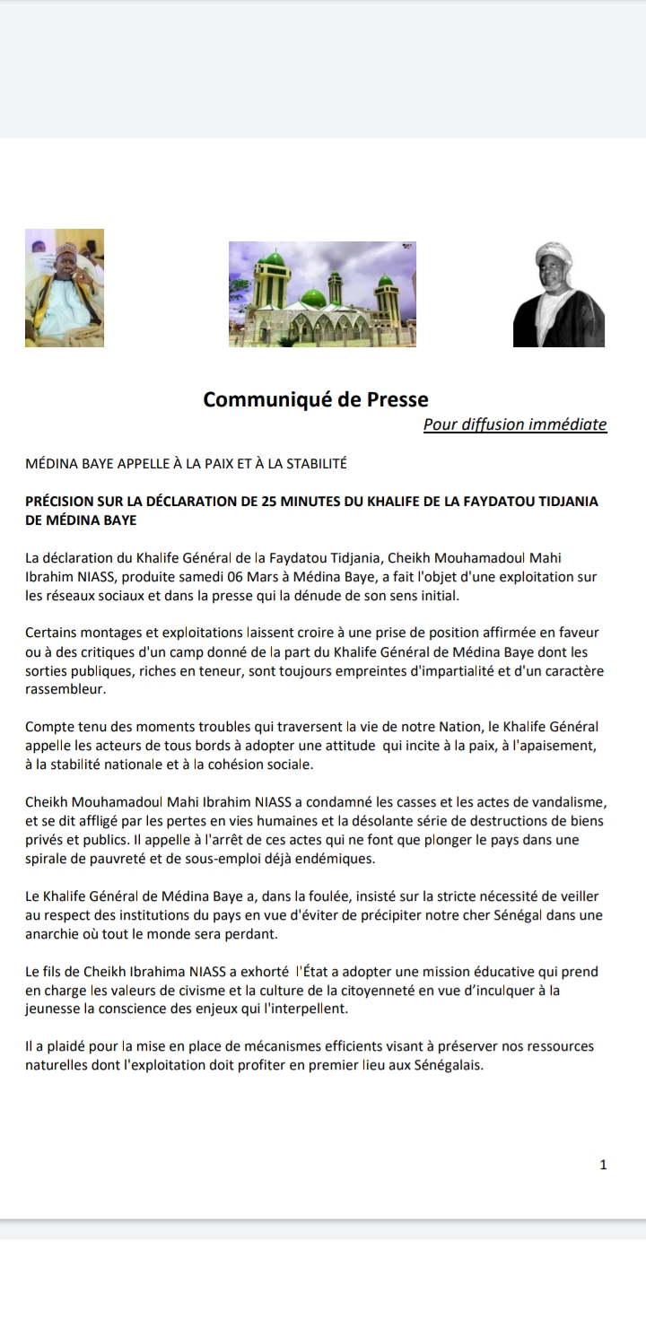 Déclaration du Khalife Serigne Mahi Ibrahim Niass : Les précisions de Médina Baye (Document)