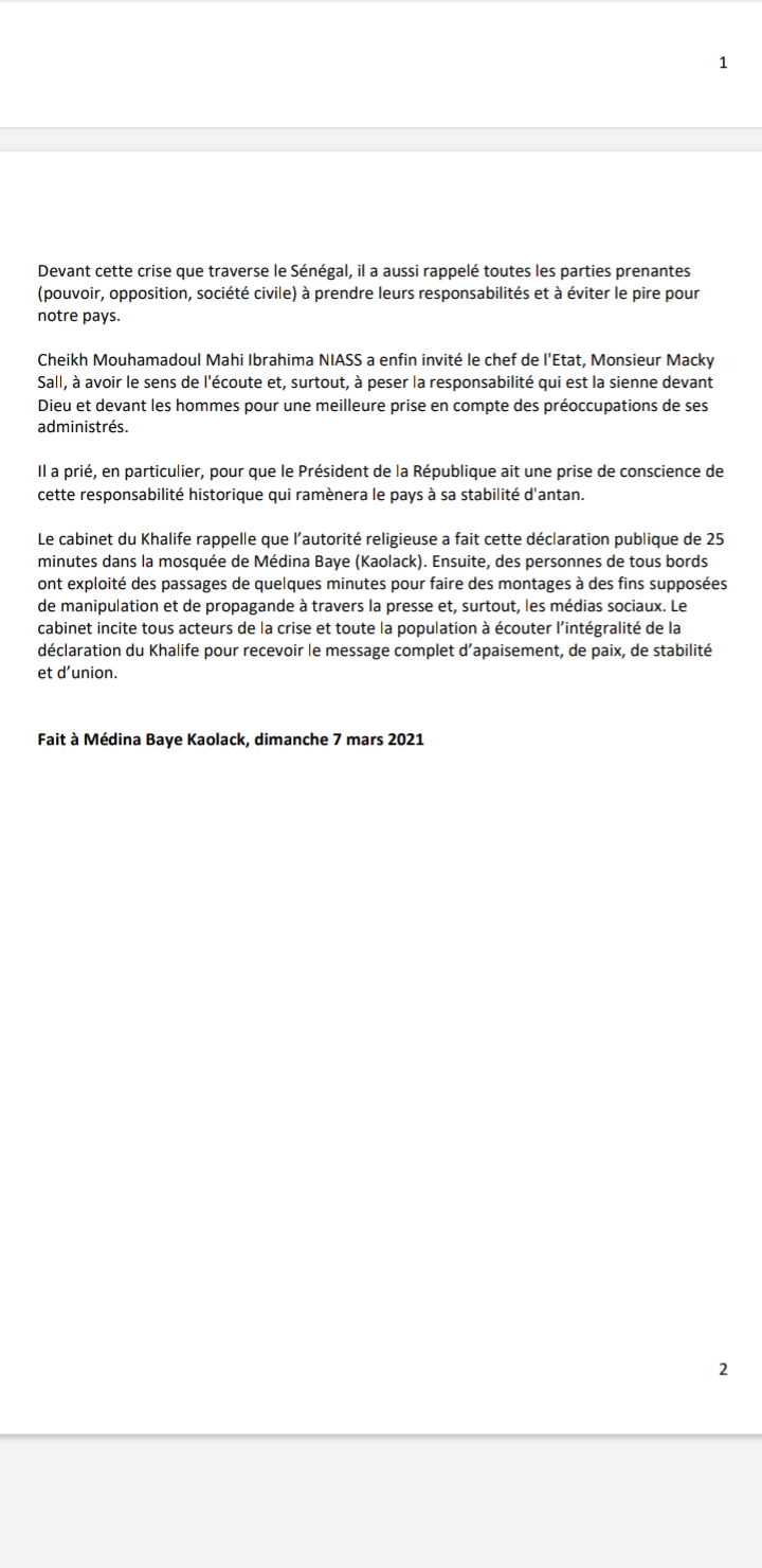Déclaration du Khalife Serigne Mahi Ibrahim Niass : Les précisions de Médina Baye (Document)