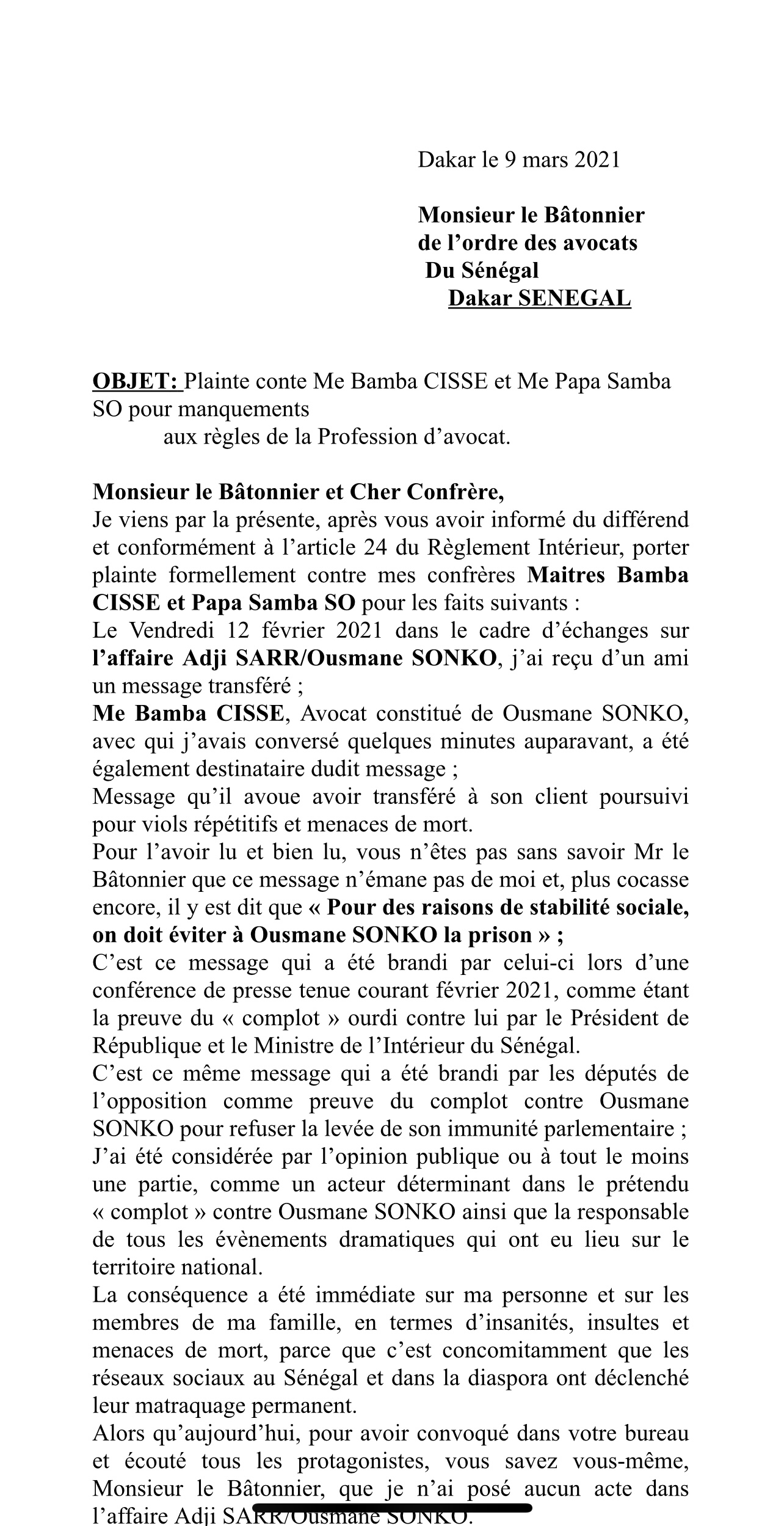 Graves violations du serment de l’avocat : une plainte de Me Dior Diagne brandie contre Mes Bamba Cissé et Papa Samba So et possibles poursuites judiciaires... (DOCUMENT)