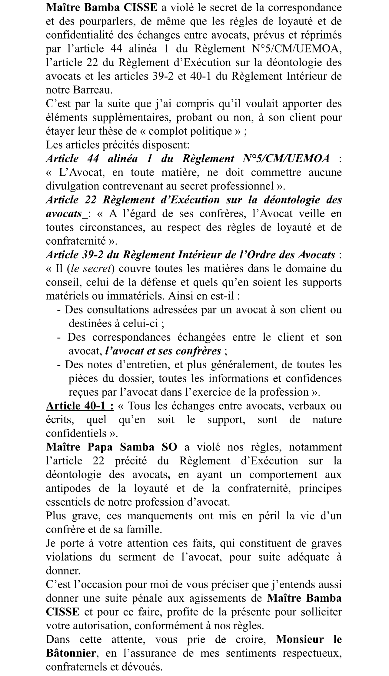 Graves violations du serment de l’avocat : une plainte de Me Dior Diagne brandie contre Mes Bamba Cissé et Papa Samba So et possibles poursuites judiciaires... (DOCUMENT)