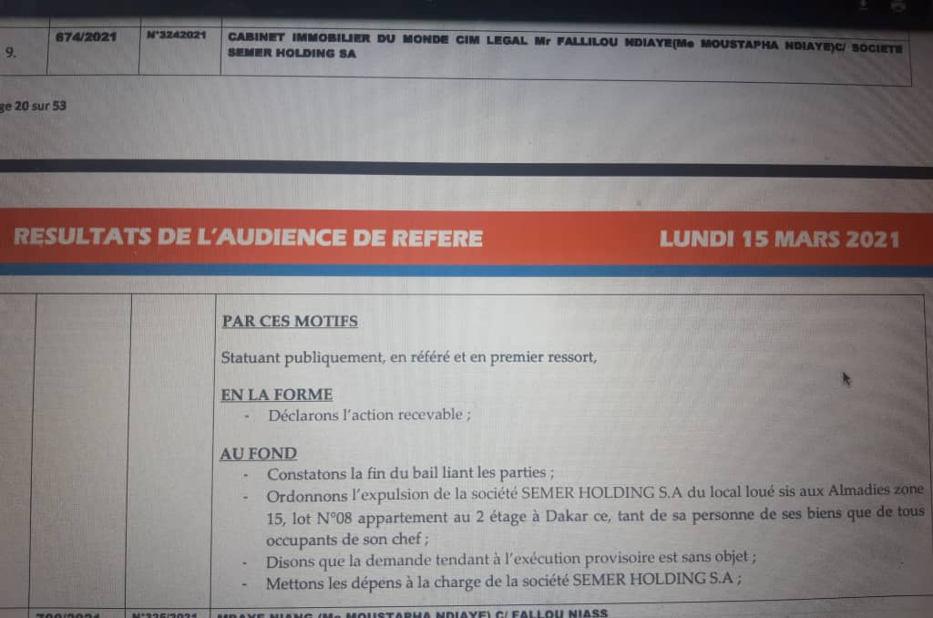 ALMADIES : Le tribunal prononce l’expulsion de Semer Holding, la société de Marcel Diagne.