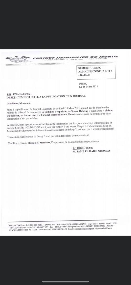 Tentative de déni du prononcé d’expulsion de la Société Semer Holding de ses bureaux aux Almadies : Le mensonge éhonté du Cabinet immobilier « du Monde » commandité par Marcel Diagne.