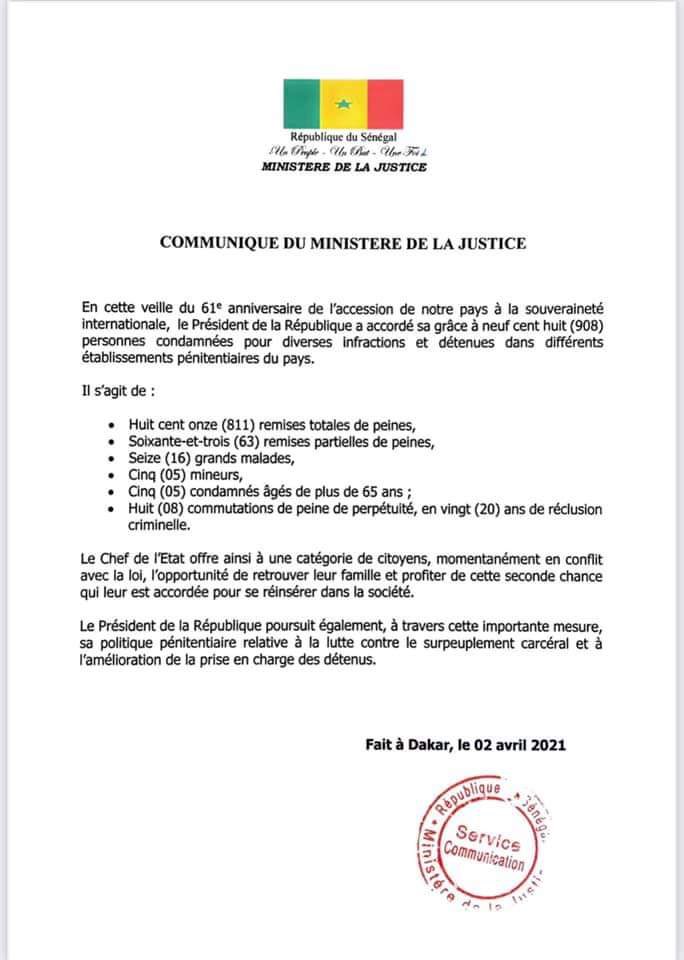 Fête de l’indépendance : Le président Macky Sall gracie 908 détenus. (DOCUMENT)