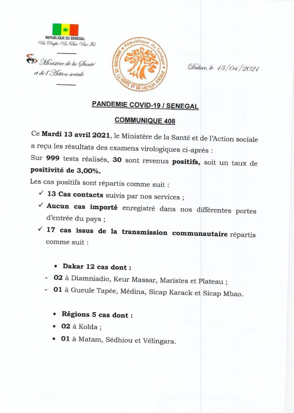 SÉNÉGAL : 30 nouveaux cas testés positifs au coronavirus, 26 nouveaux guéris, 2 nouveaux décès et 14 cas graves en réanimation.