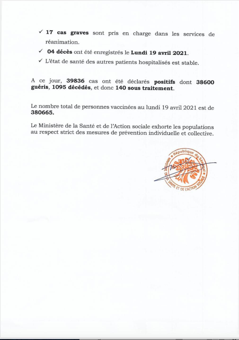 SÉNÉGAL : 15 nouveaux cas testés positifs au coronavirus, 61 nouveaux guéris, 4 nouveaux décès et 17 cas graves en réanimation.