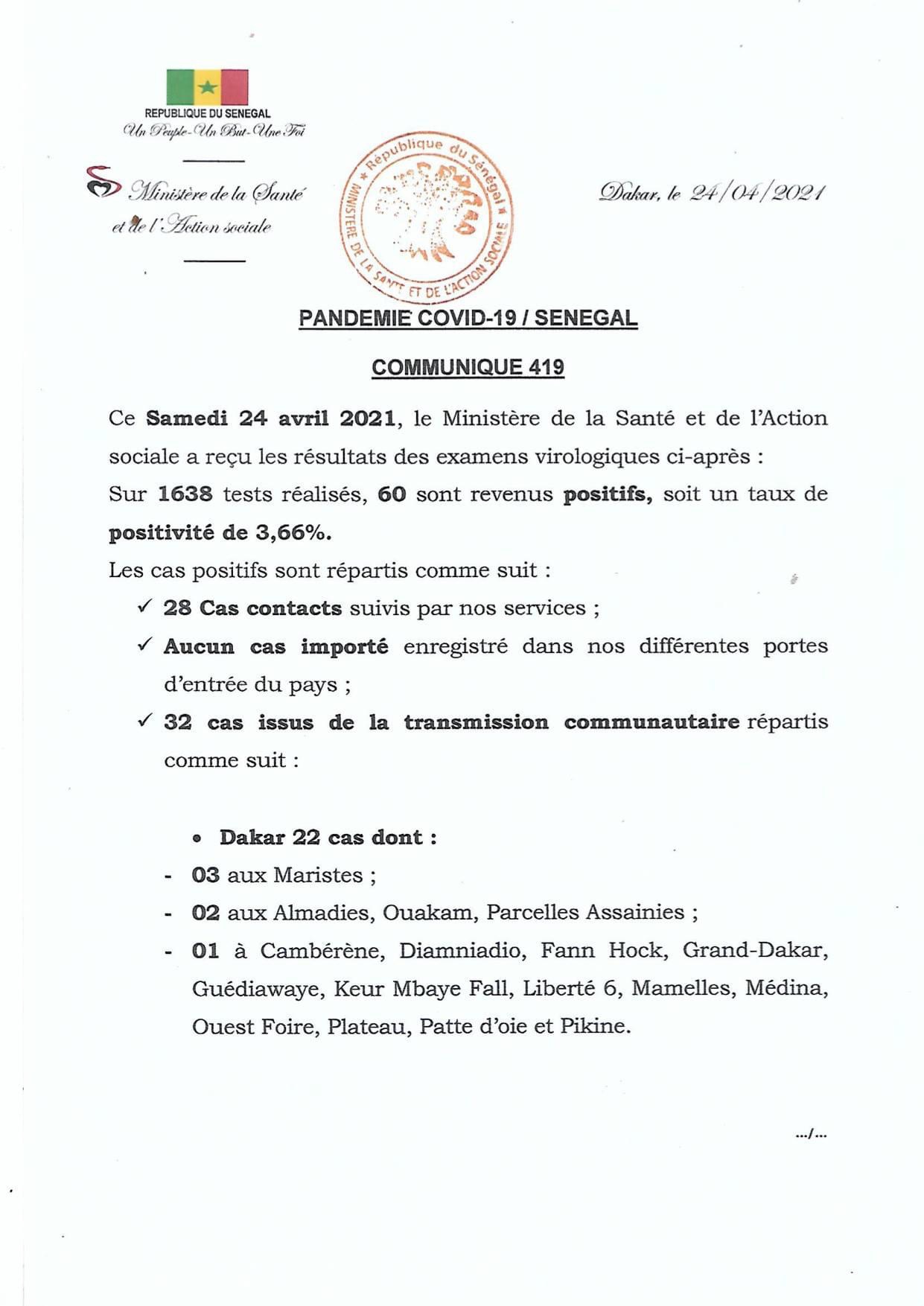 SÉNÉGAL : 60 nouveaux cas testés positifs au coronavirus, 29 nouveaux guéris, 2 nouveaux décès et 9 cas graves en réanimation.
