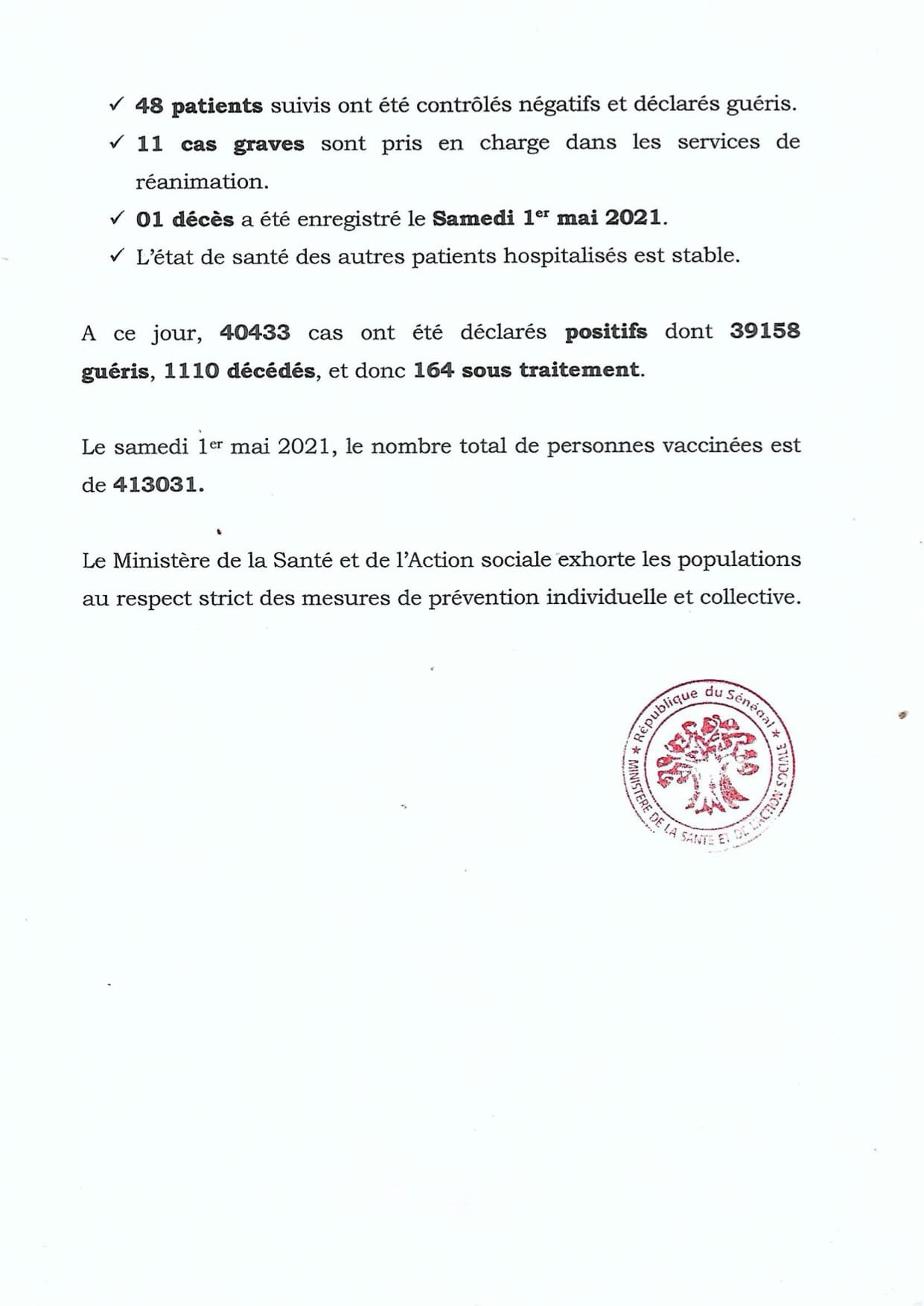 SÉNÉGAL : 45 nouveaux cas testés positifs au coronavirus, 48 nouveaux guéris, 1 nouveau décès et 11 cas graves en réanimation.